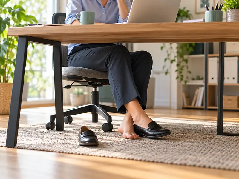 Person am Schreibtisch, Füsse unbewegt unter dem Bürostuhl